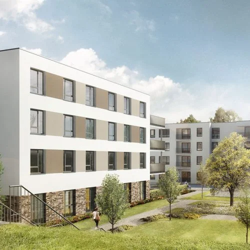 Gartenansicht Wohnpark Alfeld, modern und hell, Pflegeimmobilien, Wohnheime, Senioren